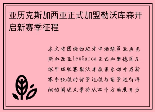 亚历克斯加西亚正式加盟勒沃库森开启新赛季征程