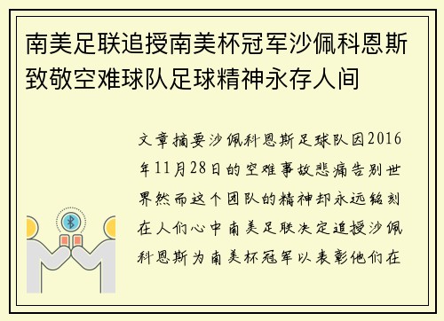 南美足联追授南美杯冠军沙佩科恩斯致敬空难球队足球精神永存人间