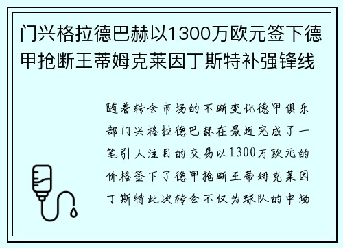 门兴格拉德巴赫以1300万欧元签下德甲抢断王蒂姆克莱因丁斯特补强锋线