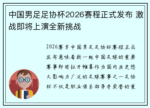 中国男足足协杯2026赛程正式发布 激战即将上演全新挑战