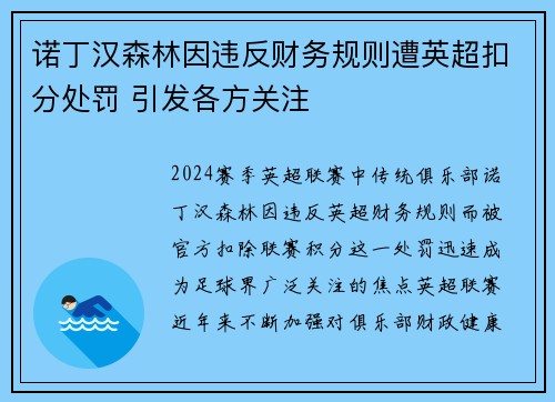 诺丁汉森林因违反财务规则遭英超扣分处罚 引发各方关注