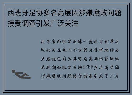 西班牙足协多名高层因涉嫌腐败问题接受调查引发广泛关注
